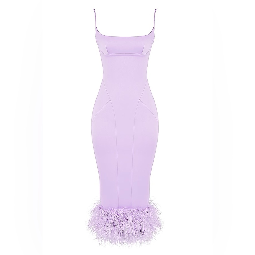 House of CB ‘Helena’ Orchid Satin Midi Dress with Feathered Trim NWT - Picture 2 of 8